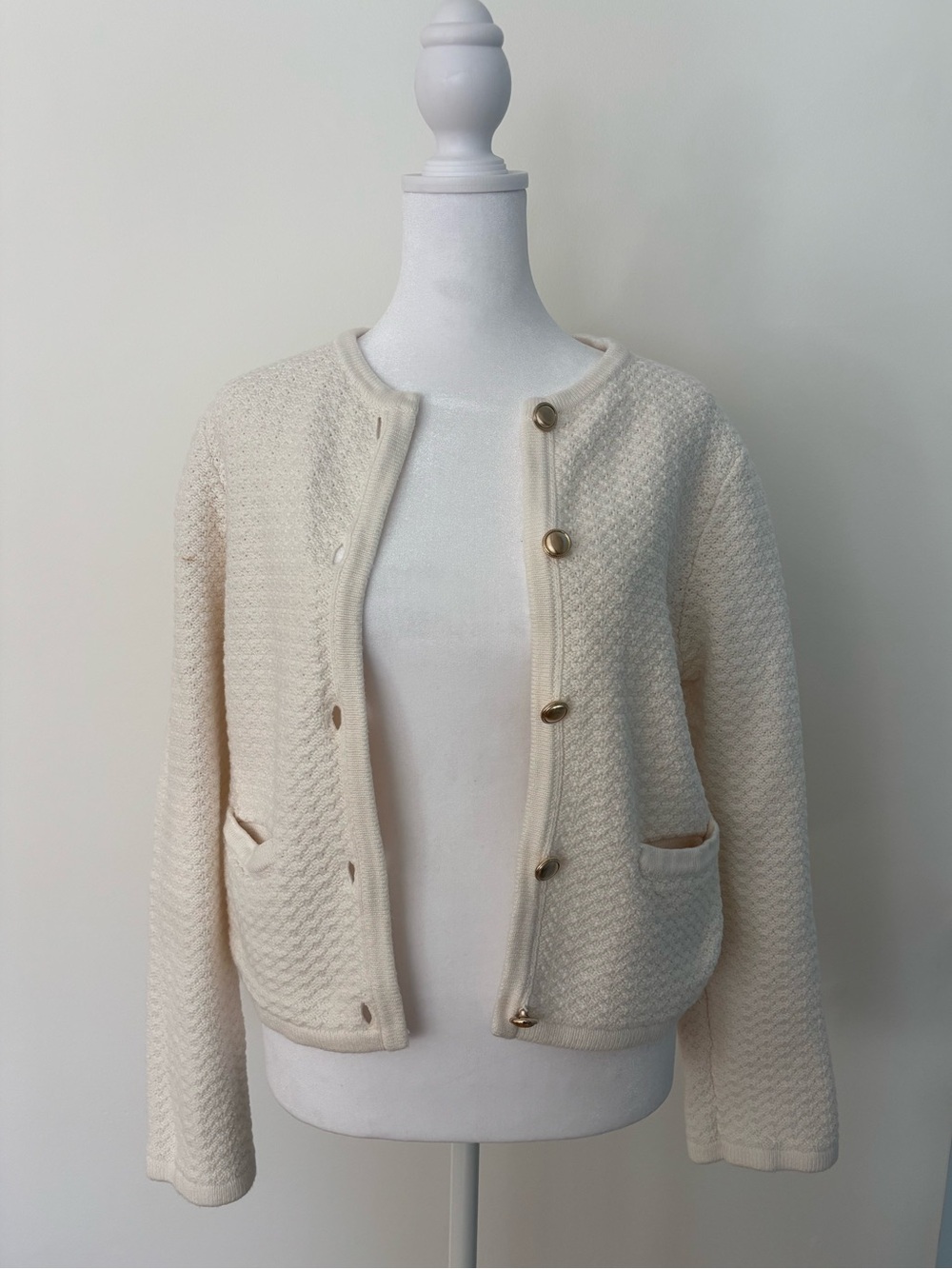 Cream Textured Button-Front Women's Sweater Jacket - Picture 2 of 6